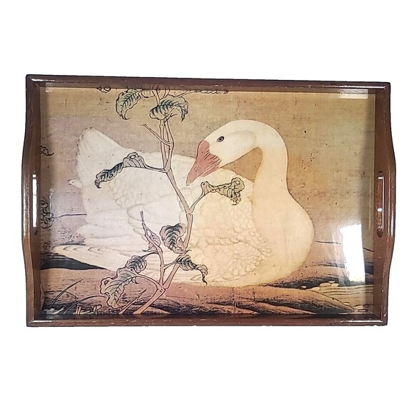 Vintage Wooden TV Tray White Swan Lap Desk Food Tray With Handles MCM 17"X12" - Picture 10 of 10